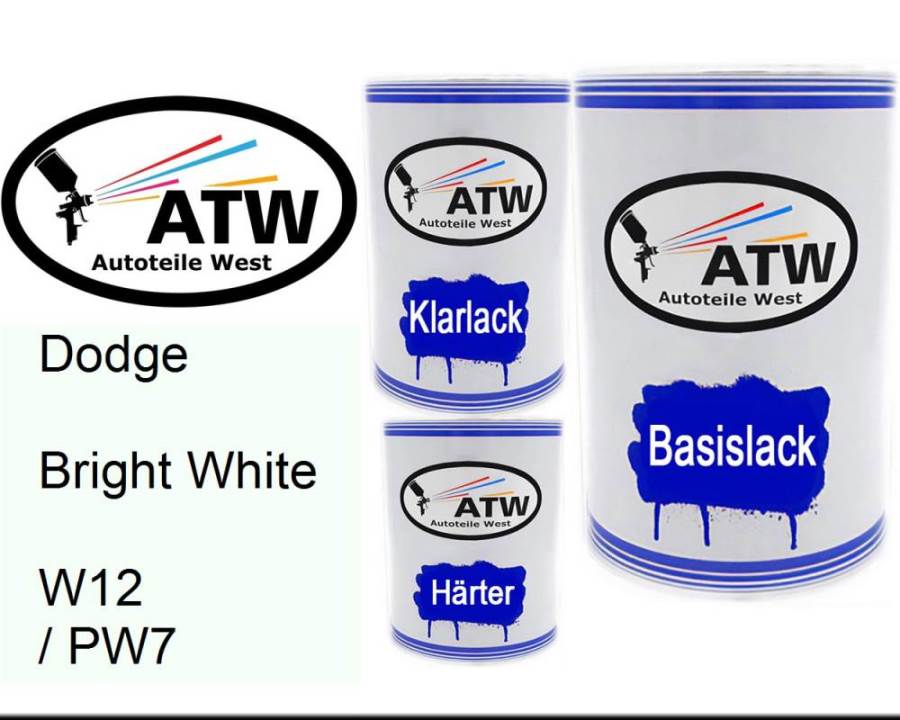 Dodge, Bright White, W12 / PW7: 500ml Lackdose + 500ml Klarlack + 250ml Härter - Set, von ATW Autoteile West.